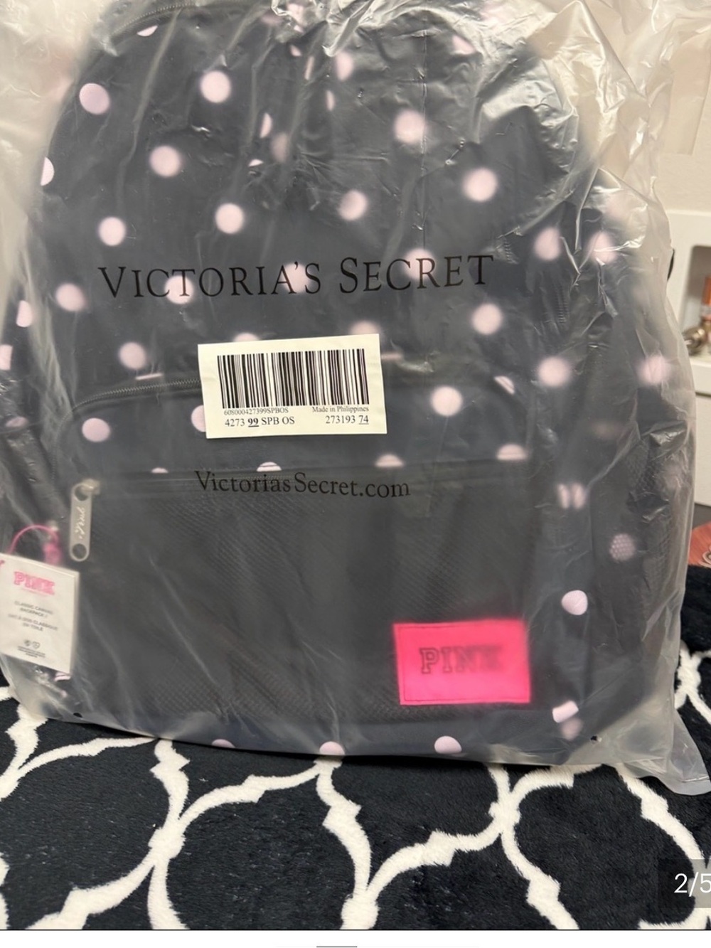 Victoria's Secret PINK Black Backpack with Light Pink Polka Dots - Picture 2 of 5